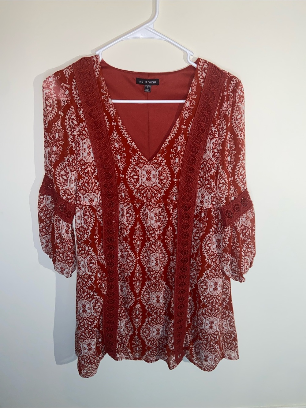 As U Wish Rust Red Paisley V-Neck Boho Mini Dress Size S